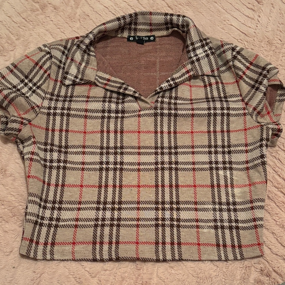 Plaid Short Sleeve Knit Top - Beige Brown Red -